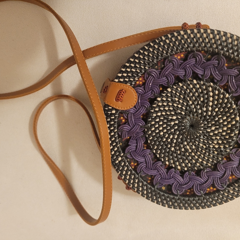 Round 8" Hand woven Rattan Wicker Straw Leather Crossbody Bag  Unique Shoulder - Picture 7 of 8